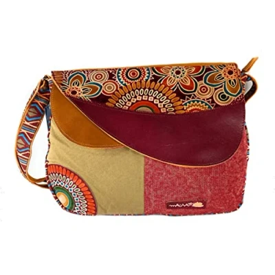 Image de Sac à main en coton et cuir avec inserts imprimés colorés, style ethnique indien, hippie, bohème, Orange