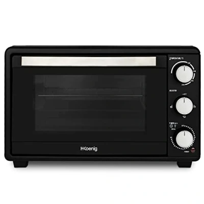 Image de H.Koenig Mini Four 25L Electrique FO25 Posable Compact Multifonction Performant 1500W Programmable 4 modes de cuisson, 230,Minuteur 60 min, Porte en Verre, Lèchefrite avec pince, grille cuisson