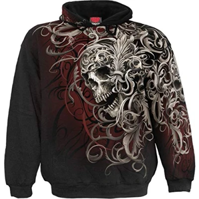 Image de Spiral Skull Shoulder Wrap Sweat Shirt à Capuche Motif imprimé Noir S