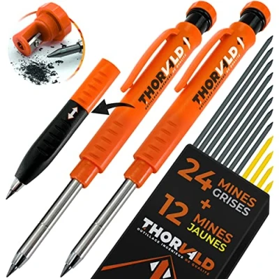 Image de 2 Crayon Chantier PRO EXTENSIBLE [+ 38 Mine Multi Supports + Taille Grip Easy write] Porte pour Menuisier Bricolage Dessin Tracer Gras Bois Metal Béton Carrelage Charpentier