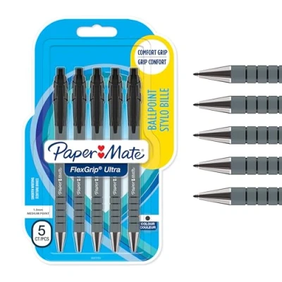Image de Paper Mate Flexgrip Ultra stylo bille retractable pointe moyenne (1,0 mm) encre noire lot de 5