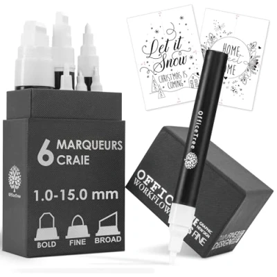 Image de OfficeTree 6x Crayon Craie Liquide Effaçable 1mm à 15mm Pointes Interchangeables Marqueur Blanc Effacable Tableau Noir Stylo Ardoise Feutre pour Verre