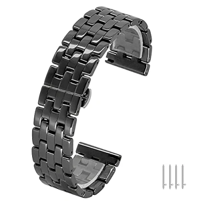 Image de Kai Tian Libération Rapide Bande Remplacement pour Femmes Hommes Bracelet Montre Céramique 20mm Coniques Fermoir Papillon Acier Inoxydable Noir