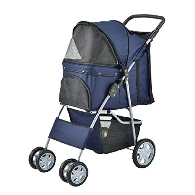 Image de pro.tec Poussette Pliable pour Chien Chat Animaux de Compagnie avec Porte Gobelet Espace Rangment Protection Soleil Pluie Roues Freins Polyester Acier 73 x 46 100 cm Bleu
