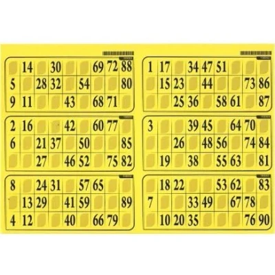 Image de Plaque de 6 grilles cartons Loto 90 numeros, Format Standard epaisseur 1 mm, Rigide Couleur Jaune Soleil Set Accessoire Bingo et Carte