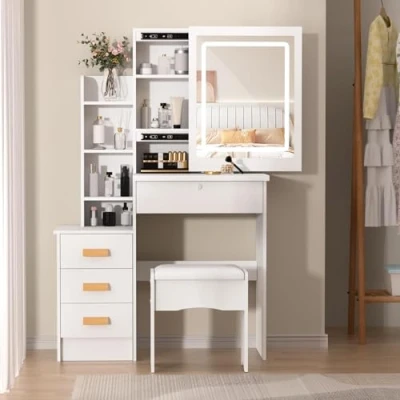 Image de cadciehe Bureau de maquillage avec miroir coulissant et lumières, table tiroirs étagères, espace rangement caché, blanc