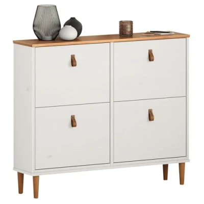 Image de Meuble à chaussures MIKKA en bois, étagère rangement avec 4 abattants pin massif blanc chêne