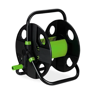 Image de Relaxdays Dévidoir à tuyau d’arrosage (30 m), raccord 1/2&quot;, acier et plastique, avec poignée manivelle, noir/vert