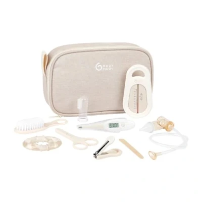 Image de Babymoov Trousse de Soin Bébé Compacte &amp; Nomade Dès la naissance 9 Accessoires Essentiels dont Brosse à Cheveux, Thermomètre digital, bain, Petit Coupe Ongles, Sable