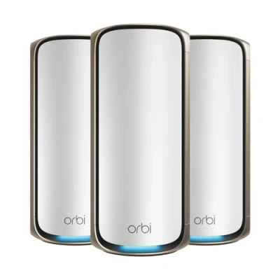 Image de NETGEAR Orbi nouvelle génération Système WiFi 7 Mesh Quad Band (RBE973S) Routeur + 2 Satellites Couvre 900 m² et 200 appareils BE27000, 27 Gbit/s OK Murs très épais Compatible toutes Box