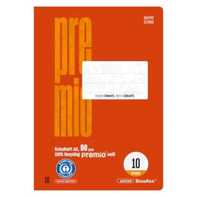 Image de Staufen premio Lot de 10 cahiers 16 feuilles chacun, format A5, linéature (carreaux 5 mm avec marge), papier recyclé 90 g/m², coins arrondis pour éviter les « oreilles d&#039;âne »
