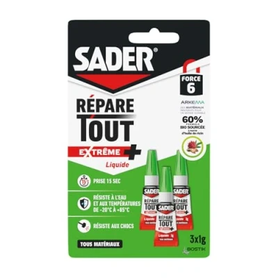 Image de Sader Colle Multi Usages Répare Tout Extrême + Forte Tous Matériaux Super Glue Liquide Intérieur/Extérieur de Réparation Sans odeur ni Solvant Transparente 3 Tubes 1g