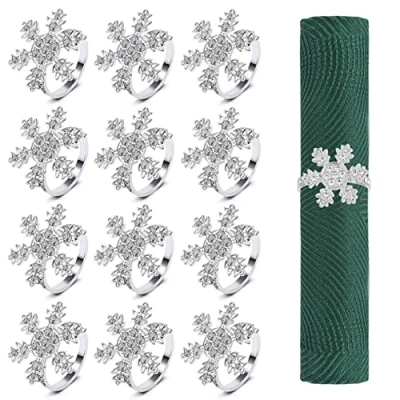Image de KAHEIGN 12 Pièces Ronds de Serviette Noël, Argent Porte Serviettes Flocon Neige Boucle Noël avec Strass pour Déjeuner Thanksgiving Party Décoration Table Mariage