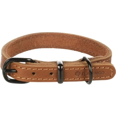 Image de Flamingo Collier Montana Cuir Cognac XS/S 24,5 30,5cm x 15mm avec Rivets et Boucle a Une Finition Brillante Noire
