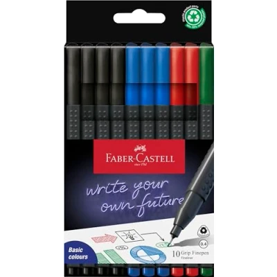 Image de Faber Castell Grip Finepen 151691 Lot de 10 stylos à pointe fine Largeur trait 0,4 mm Noir/bleu/rouge/vert