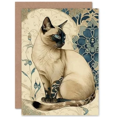 Image de Artery8 Siamese Cat with Blue Flower Pattern Modern Art Nouveau Watercolour Illustration Birthday Sealed Greeting Card Plus Envelope Blank inside
