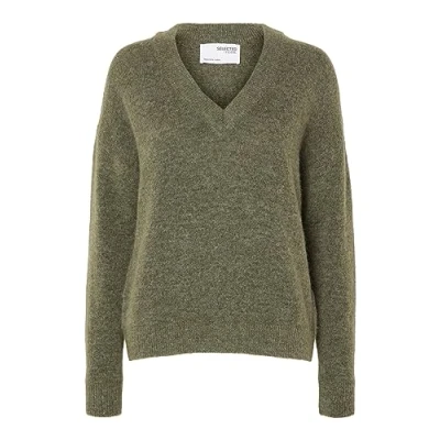 Image de SELECTED FEMME Slfmaline Ls Knit Col en V Noos Pull Tricot, Dusky Green, XS