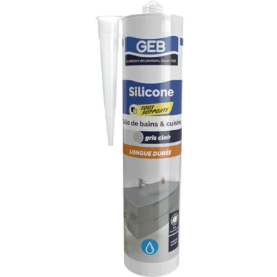 Image de GEB Mastic silicone tous supports couleur gris pour l&#039;étanchéité sanitaire. Anti moisissures, sans odeur et longue durée 280 ml