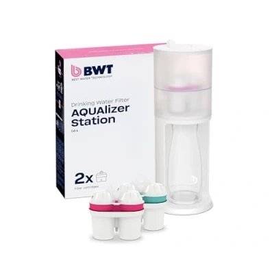 Image de BWT Filtre à eau de table AQUAlizer Station Pack avantage avec 2 cartouches filtrantes et carafe en verre supplémentaire