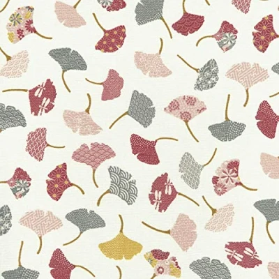 Image de Textiles français Tissu de Coton imprimé Feuilles Ginkgo Gris, Rosa, Rouge et Jaune Moutarde sur Fond Blanc crème Largeur: 160 cm (par mètre linéaire)*