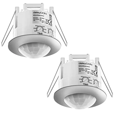 Image de deleyCON 2X Infrarouge Détecteur de Mouvement Plafond Intérieur Portée 6m à 360 Luminosité Ambiante Réglable IP20 Montage Encastré Chrome