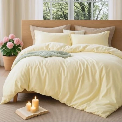 Image de Sedefen Housse de Couette 140x200 cm Jaune Élégant Parure Lit 1 Personne avec Fermeture Éclair en Microfibre Taie d&#039;oreiller 65x65