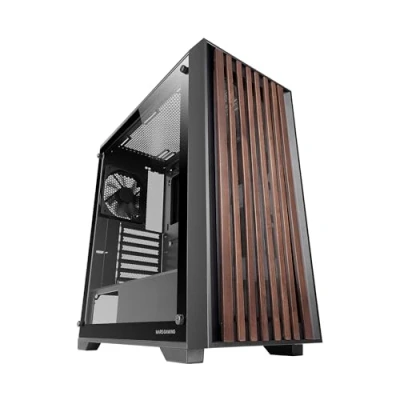 Image de MARSGAMING MC Wood, Boîtier PC ATX, Panneau Frontal en Bois, Fenêtre Latérale Verre Trempé, Ventilateur FDB 120mm, Refroidissement Liquide jusqu&#039;à 360mm, Double Chambre, Semi Tour PC, Noir