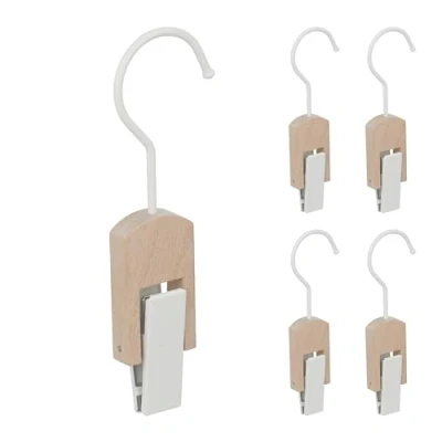 Image de Relaxdays Lot de 5 cintres à Pince, Fer &amp; Bois, Crochets accrocher, Clips en Caoutchouc, Attaches, Blanc Nature