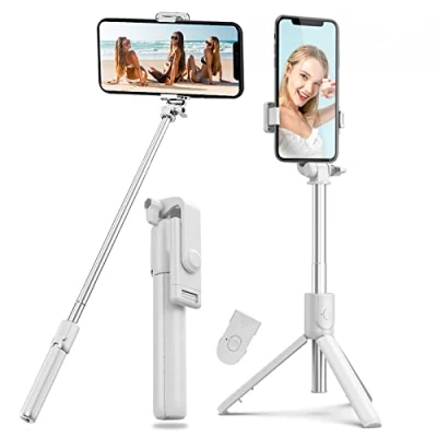 Image de Perche Selfie Trépied Stick,4en1 Bluetooth Bâton Extensible Télescopique Monopode Réglable avec Télécommande Amovible&amp;Support Stable (Blanc)