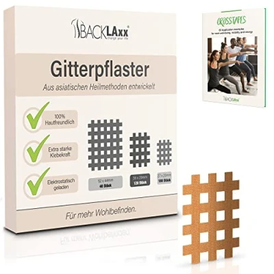 Image de BACKLAxx ® Cross Tape 120 pièces qualité premium Set de patch acupuncture en taille type b eBook complet GRATUIT avec 60 exemples d&#039;utilisation Crosstape d&#039;acupuncture pour taping