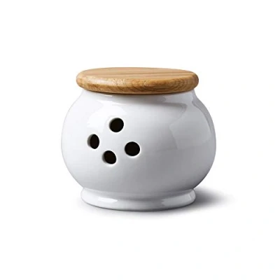 Image de WM Bartleet &amp; Sons 1750 Pot à ail Traditionnel en Porcelaine avec Couvercle Bois 10 cm Blanc, Taille Unique