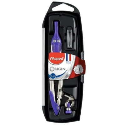 Image de Maped Coffret Origin 3 Pièces Fabrication Française Compas Scolaire + Bague Universelle Étui Mines Avec Sécurité Protège Pointe et Mine Branches en Acier Coloris Aléatoire