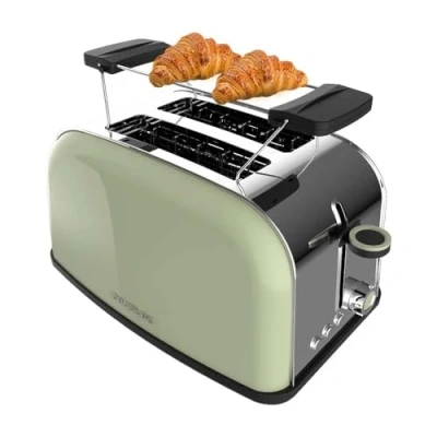 Image de Cecotec Grille pain vertical Toastin&#039; time 850 Green, W de puissance, Double fente courte et large 3,8 cm, Varillas Supérieures, Acier Inoxydable, Arrêt Popup Automatiques, Bac à miettes