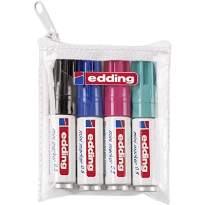 Image de edding.5 mini permanent marker black, blue, turquoise, red 4 stylos fine bullet nib 1 mm waterproof, quick drying smudge proof for cardboard, plastic, wood, metal