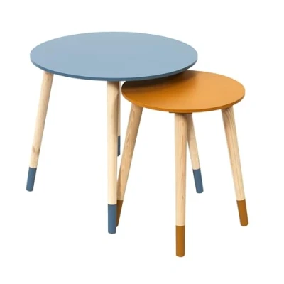 Image de HOME DECO FACTORY The Lot de 2 Tables Basses Gigognes Rondes Bicolore Bleu Jaune, Bois d&#039;ingénierie, Small 33 x 40 cm Tall 43 48