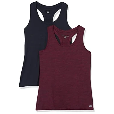 Image de Amazon Essentials Débardeur Tech Extensible À Dos Nageur (Disponible en Grande Taille) Femme, Lot de 2, Bordeaux Teinture Spatiale/Noir, M