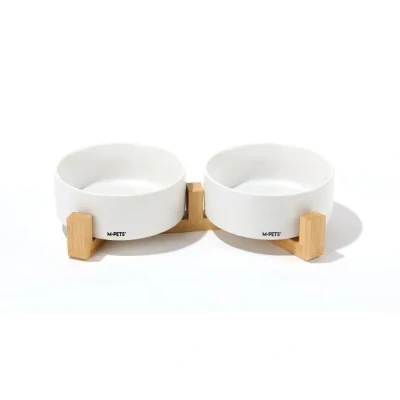 Image de Bols céramique avec support en bambou 2x350 ml Mpets OPERA Blanc