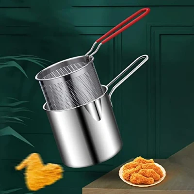 Image de Friteuse Marmite en Acier Inoxydable, Petite À Économie D&#039;Style Japonais avec Passoire, Écumoire Filtre Huile ProfonPour Faire Frire Les Cuisses Poulet, Frites