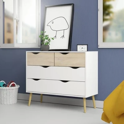 Image de Dmora Commode à quatre tiroirs, blanc et chêne, Mesures 98 x 81 39 cm