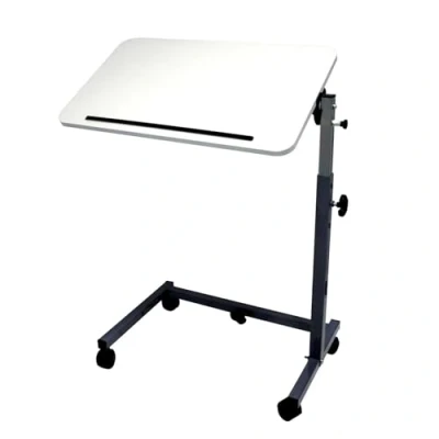 Image de Table de lit HMS Vilgo AC207 Grand plateau blanc inclinable et réglable en hauteur, piètrement U, 2 roulettes à freins