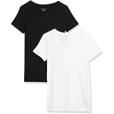 Image de Amazon Essentials T Shirt Col en v à Manches Courtes Coupe Classique Femme, Lot de 2, Noir/Blanc, XS