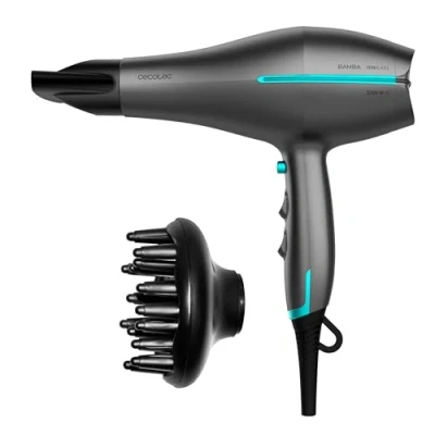 Image de Cecotec Sèche Cheveux Bamba IoniCare 5300 Maxi Aura Black. Technologie Ionique réelle avec un grand débit d&#039;air, Fonction d&#039;air froid 2200W, Buse de précision (2,8 mètres fil, Blanc)