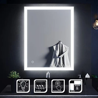 Image de SIRHONA Miroir Salle de Bains 90x70cm avec éclairage LED Cosmétiques Mural Lumière Illumination Commande par Effleurement, Anti buée
