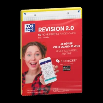 Image de OXFORD Révision 2.0 Lot de 50 Fiches bristol perforées format A5 (14, 8 x 21cm) petits carreaux Recto/Verso cadre Jaune