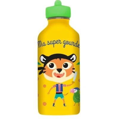 Image de Gourde enfant Acier inoxydable DRAEGER PARIS Facile à nettoyer réutilisable Idéale pour parc, école Contenance 300ml 17 cm x 6,5 Jaune Message inscrit : Ma Super