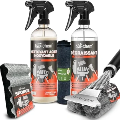 Image de bio chem Set de 5 Produits Nettoyage pour Barbecue Produit nettoyant 750mL, d&#039;entretien l&#039;acier Inoxydable Chiffon en Microfibres, Brosse et Éponge à