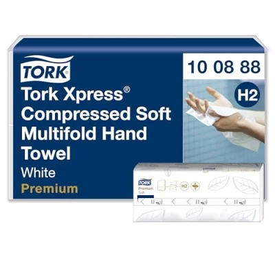 Image de Tork Xpress essuie mains interfoliés doux comprimés blancs H2, Premium, 2 plis, pliage en M, grand format, 12 x 170 mains, 100888