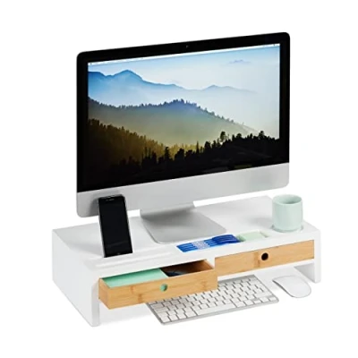 Image de Relaxdays Support moniteur, 2 tiroirs, Rehaussement PC pour bureau; Bambou et MDF HLP: 12 x 55,5 27 cm, blanc/nature