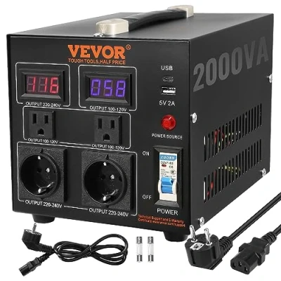 Image de VEVOR Transformateur 220 V⇄110 V Convertisseur de Tension Élévateur Abaisseur 2000 W Puissance avec 2 Prises US NEMA 5 15R 3 Broches EU Shucko 1 Port USB Prise Type C
