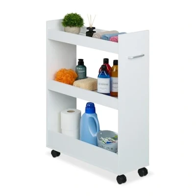 Image de Relaxdays Chariot de Niche, 3 Compartiments, H x L P : 78 21,5 63 cm, MDF, Étagère à roulettes, Blanc